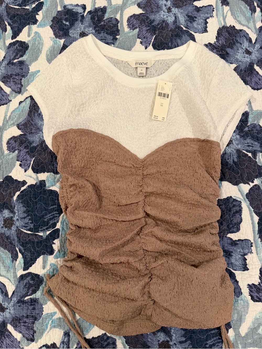 Maeve White and Brown Ruched Short Sleeve Crop Top